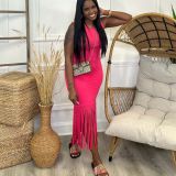 Solid Sleeveless Mesh Tassel Maxi Dress ZDF-31289
