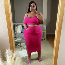 Plus Size Solid Color Sling Vest And Slit Skirt Two Piece Set NNWF-7886