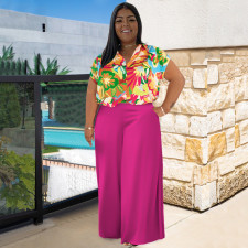 Plus Size Print Short Sleeve Shirt Two Piece Pants Set NNWF-7872