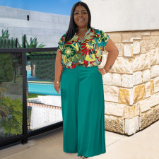 Plus Size Print Short Sleeve Shirt Two Piece Pants Set NNWF-7872
