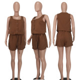 Solid Sleeveless U Neck Two Piece Shorts Set YD-8758