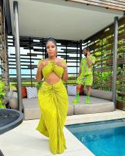 Solid One Shoulder Tops And Skirt Pleated 2 Piece Set OD-8571