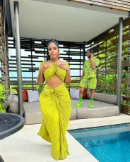 Solid One Shoulder Tops And Skirt Pleated 2 Piece Set OD-8571