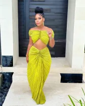 Solid One Shoulder Tops And Skirt Pleated 2 Piece Set OD-8571