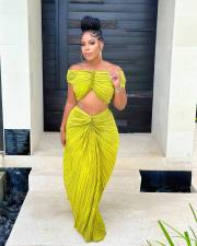 Solid One Shoulder Tops And Skirt Pleated 2 Piece Set OD-8571