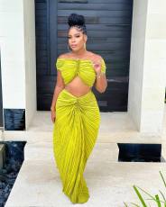Solid One Shoulder Tops And Skirt Pleated 2 Piece Set OD-8571