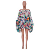 One Shoulder Bat Sleeve Print Dress YF-10441