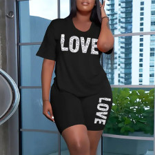 Plus Size Letter Print Short Sleeve Shorts Two Piece Set LSD-8319777