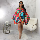 One Shoulder Bat Sleeve Print Dress YF-10441
