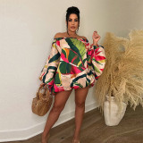 One Shoulder Bat Sleeve Print Dress YF-10441