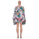 One Shoulder Bat Sleeve Print Dress YF-10441