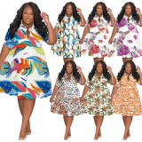 Plus Size Fashion Casual Print Short Sleeve Shirt Dress SSNF-211209-1