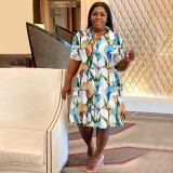 Plus Size Fashion Casual Print Short Sleeve Shirt Dress SSNF-211209-1