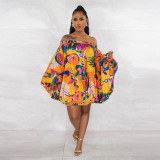 One Shoulder Bat Sleeve Print Dress YF-10441