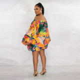 One Shoulder Bat Sleeve Print Dress YF-10441