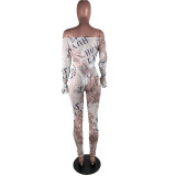 Letter Print Off Shoulder Bodysuit And Pants Two Piece Set LUO-6635