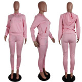 Solid Casual Sport Hooded Sweatshirt Two Piece Set LUO-6626