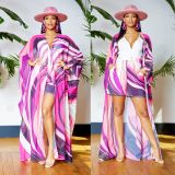 Chiffon Print Sunscreen Cardigan Shorts Beach Suit XHSY-19570