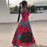 Plus Size Printed Lantern Sleeves Slit Long Skirt Two Piece Set NY-10528
