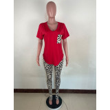 Leopard Print V Neck Sport Two Piece Pants Set LUO-6666