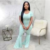 Solid Color Sport Slim Big Flare Pants Two Piece Set LUO-6674