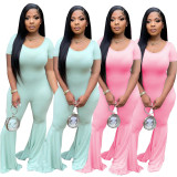 Solid Color Sport Slim Big Flare Pants Two Piece Set LUO-6674
