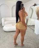 Sexy Hollow Out Sequin Backless Two Piece Shorts Set QXTF-8187