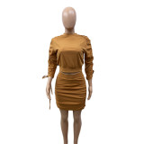 Solid Color Drawstring Pleated Tight Skirts 2 Piece Set LUO-6627