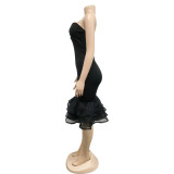 Sexy Mesh Splicing Tube Top Midi Dress BY-6555
