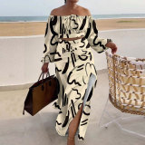 Plus Size Printed Lantern Sleeves Slit Long Skirt Two Piece Set NY-10528