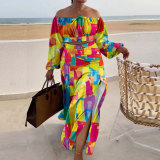 Plus Size Printed Lantern Sleeves Slit Long Skirt Two Piece Set NY-10528