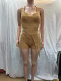 Sexy Hollow Out Sequin Backless Two Piece Shorts Set QXTF-8187