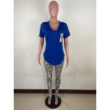 Leopard Print V Neck Sport Two Piece Pants Set LUO-6666