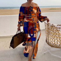 Plus Size Printed Lantern Sleeves Slit Long Skirt Two Piece Set NY-10528