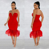 Sexy Mesh Splicing Tube Top Midi Dress BY-6555