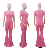 Solid Color Sport Slim Big Flare Pants Two Piece Set LUO-6674