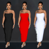 Solid Color Tube Tops Feather Maxi Dress BY-6535