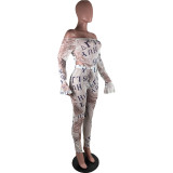 Letter Print Off Shoulder Bodysuit And Pants Two Piece Set LUO-6635