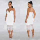 Sexy Mesh Splicing Tube Top Midi Dress BY-6555