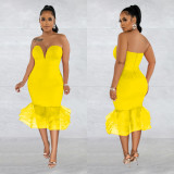 Sexy Mesh Splicing Tube Top Midi Dress BY-6555