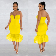 Sexy Mesh Splicing Tube Top Midi Dress BY-6555