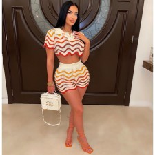 Casual Color Block Knits Two Piece Shorts Set TR-1268