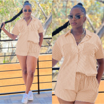 Casual Stripe Short Sleeve Shirt Two Piece Shorts Set LUO-6710