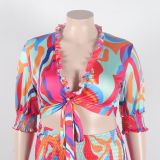 Print Half Sleeve Ruffles Loose Two Piece Pants Set NY-2746
