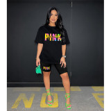 PINK Letter Print Short Sleeve Two Piece Set HGL-9009020