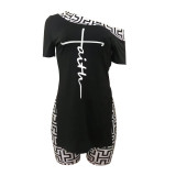 Print Slash Shoulder Slit Tops Two Piece Set LSD-1026