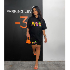 PINK Letter Print Short Sleeve Two Piece Set HGL-9009020