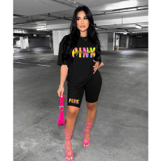 PINK Letter Print Short Sleeve Two Piece Set HGL-9009020