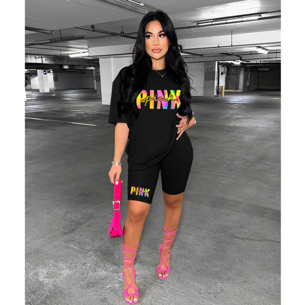 PINK Letter Print Short Sleeve Two Piece Set HGL-9009020