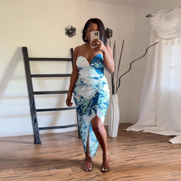 Plus Size Sexy Print Irregular Tube Tops Maxi Dress NY-10515